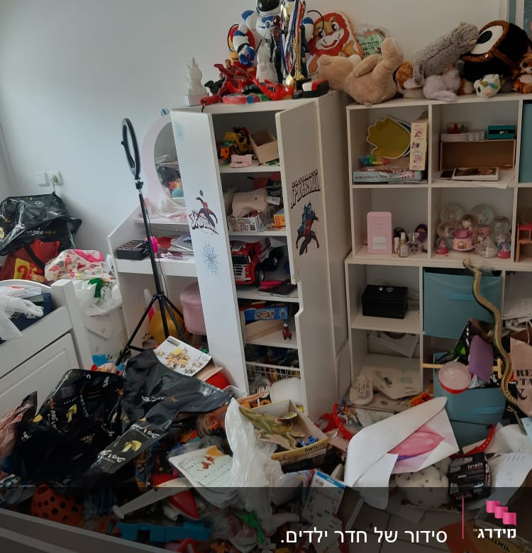 חדר מבולגן עם מדפים מלאים בצעצועים וחפצים שונים